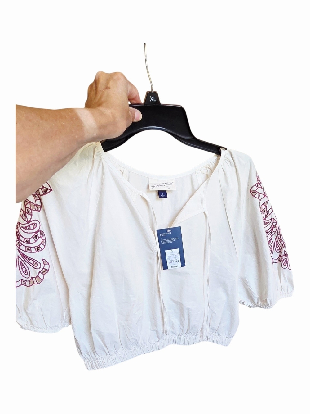UNIVERSAL THREASD Cream Crop Top with Burgundy Embroidered Sleeves